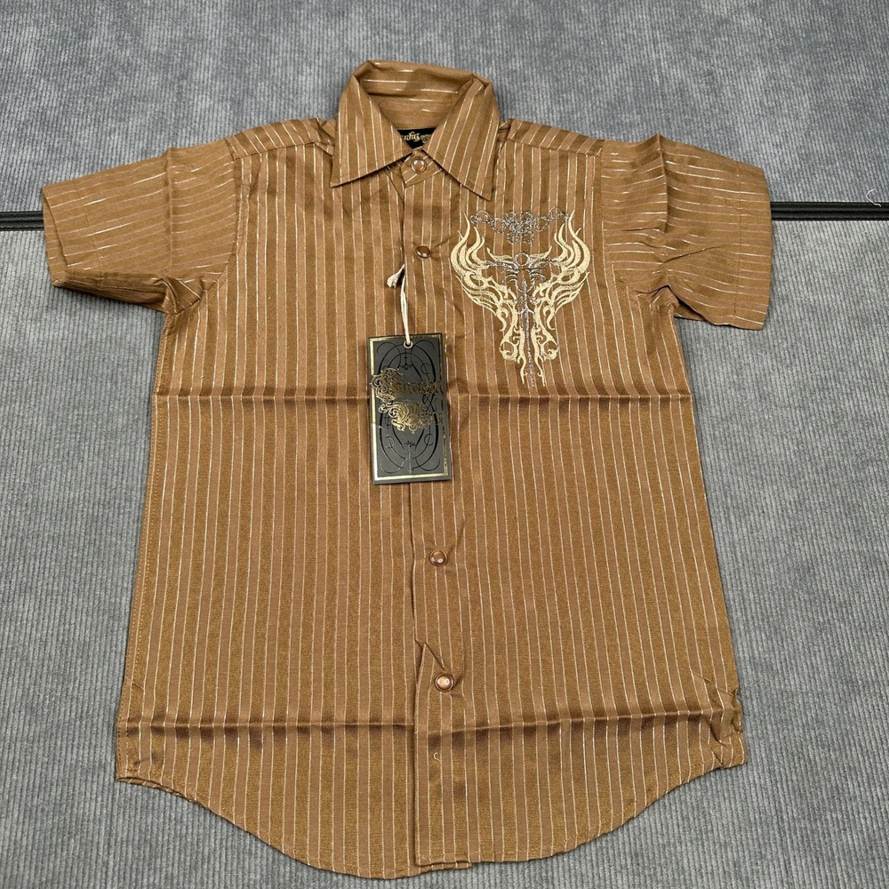 Franky Max Boys Brown Silver Pinstripe Tribal Embroidered Button Down Shirt Sz 6